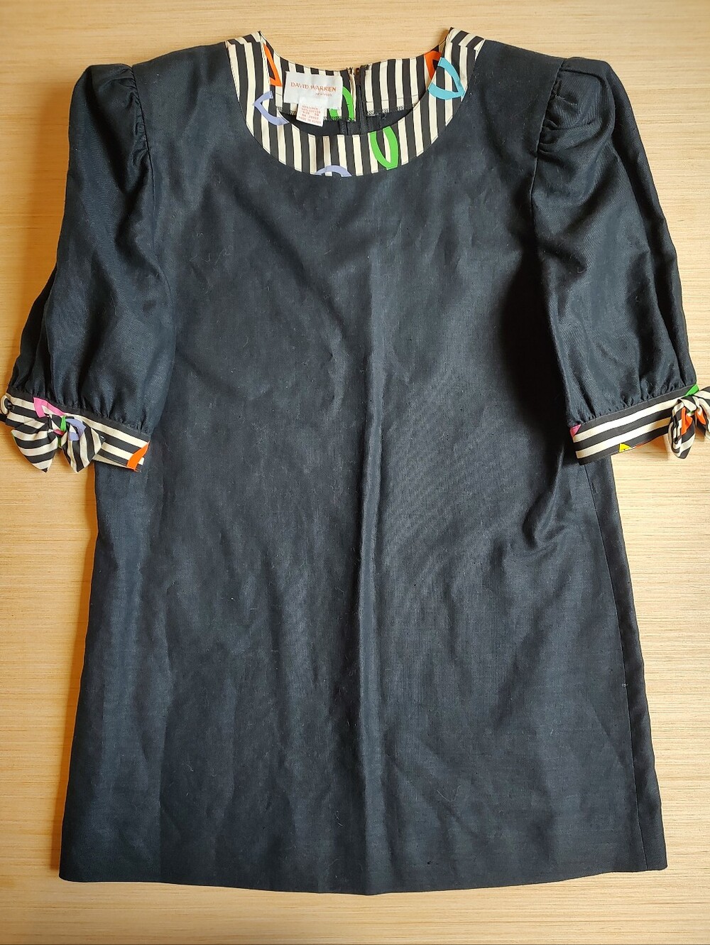 David Warren Linen Cotton Tunic Dress Top Black Striped Bow Buttons 14